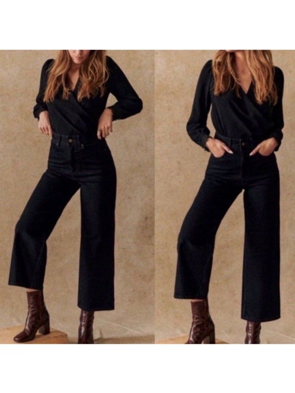 Sezane Women Size EU 42 / US 10 Black Crop Jean Wide-Leg High-Waist French Denim